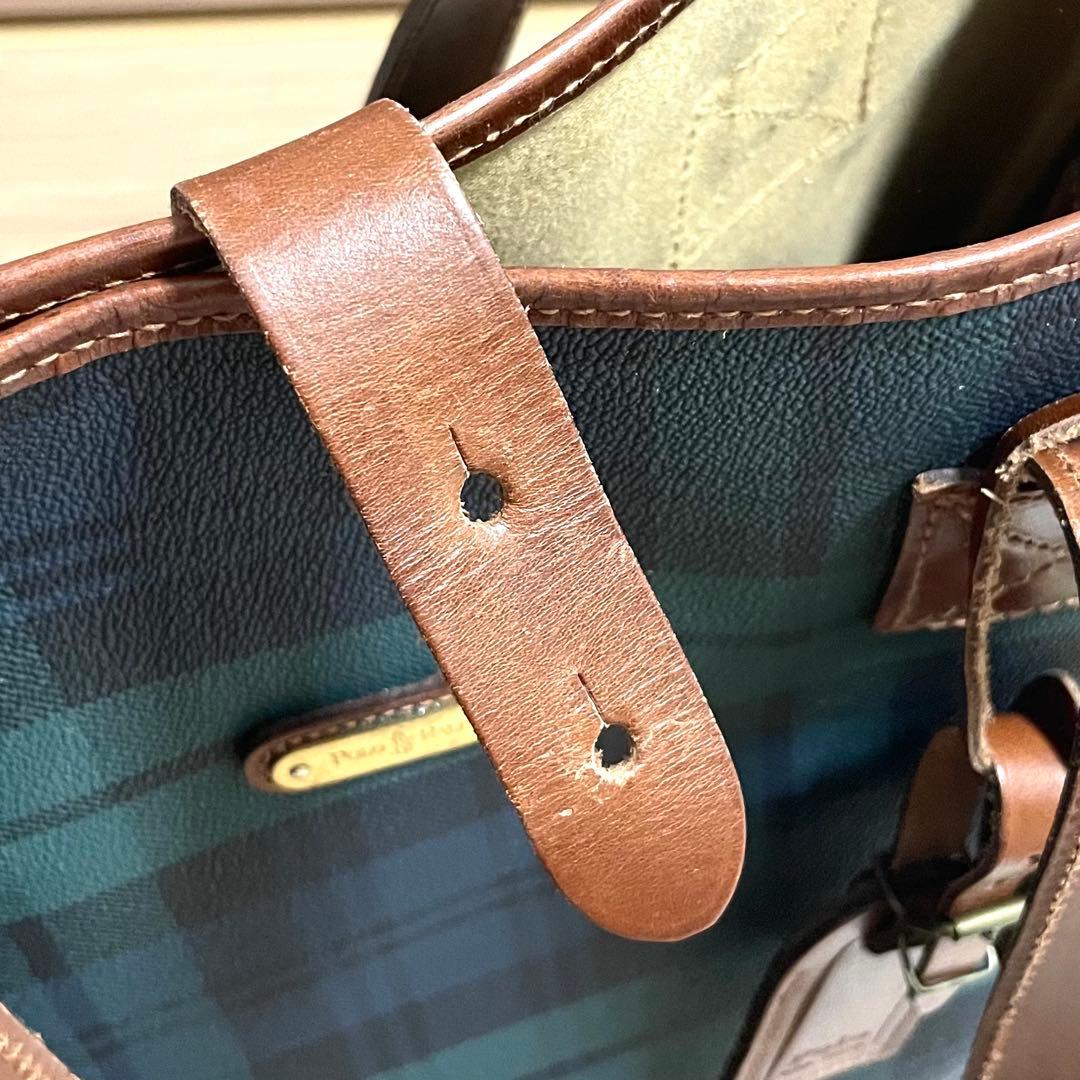 美品/ポロラルフローレン トートバッグ　ブラックウォッチ　ブラウン　PVCレザー