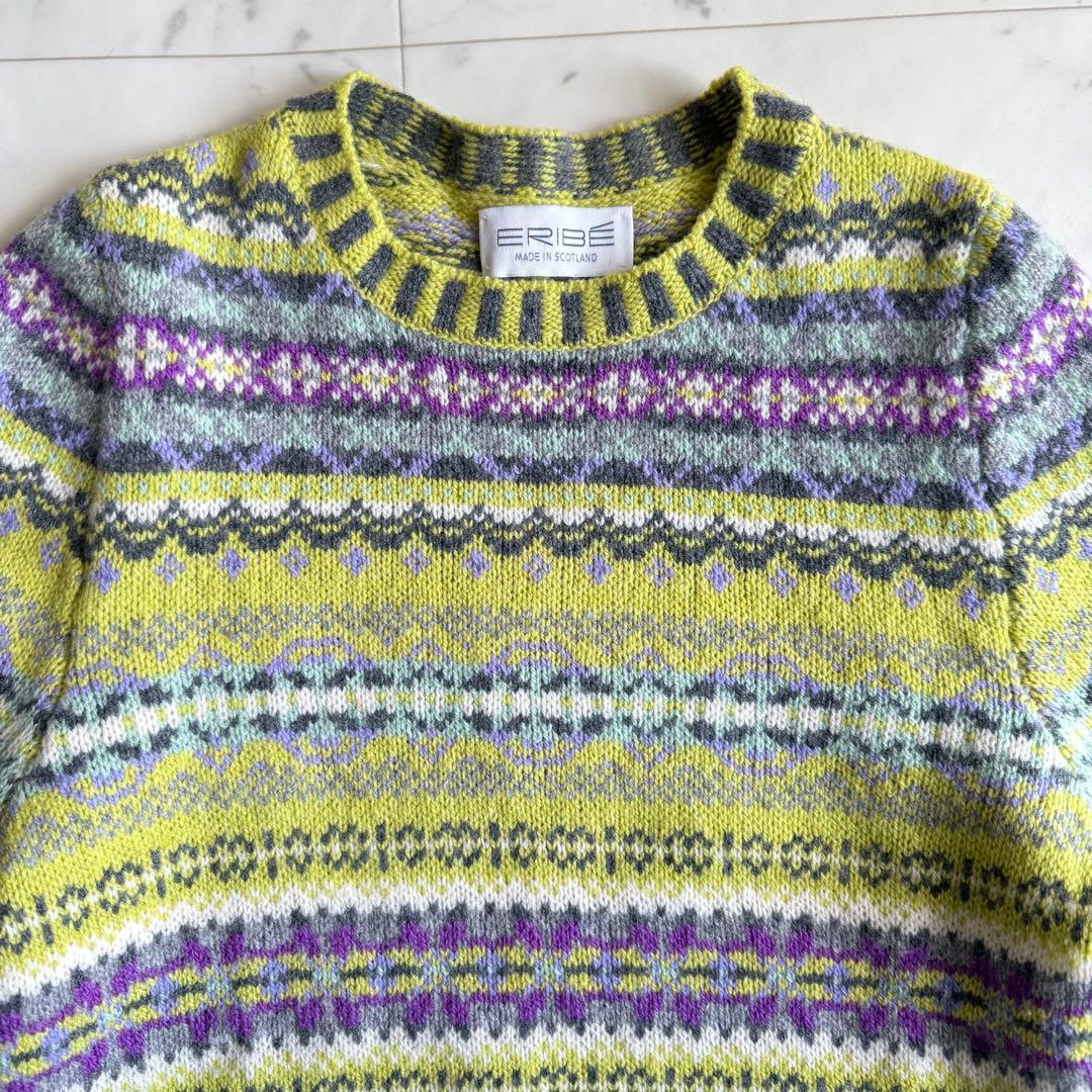 美品 エリべ フェアアイル柄 クルーネック ウールニット◆グリーン