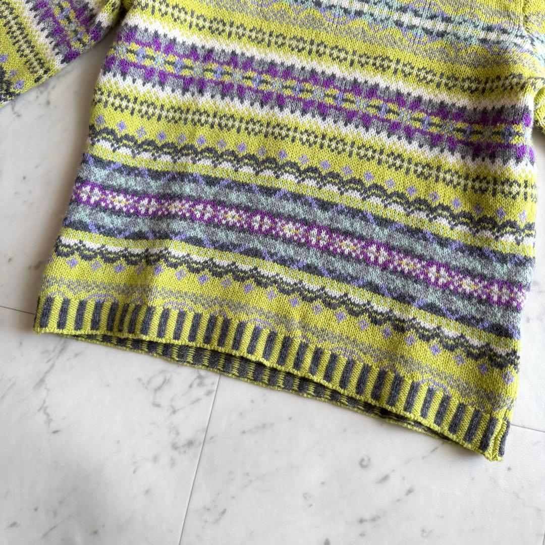 美品 エリべ フェアアイル柄 クルーネック ウールニット◆グリーン