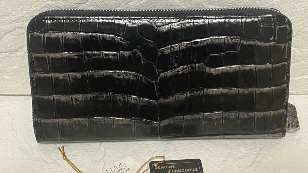 週末セールクロコダイル長財布 一枚革 黒シルバーメタリック染　TokyoYK製