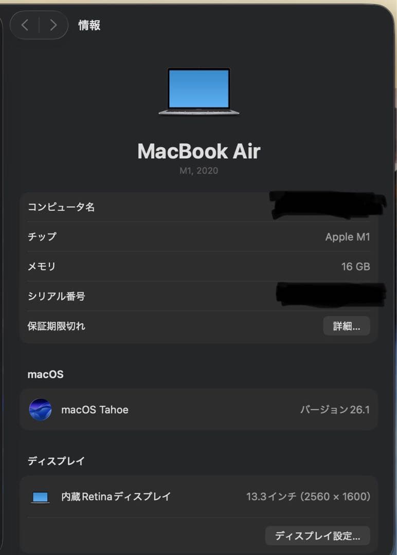 【充放電回数少なめ】MacBook Air 13インチ／M1／16GB／1TB