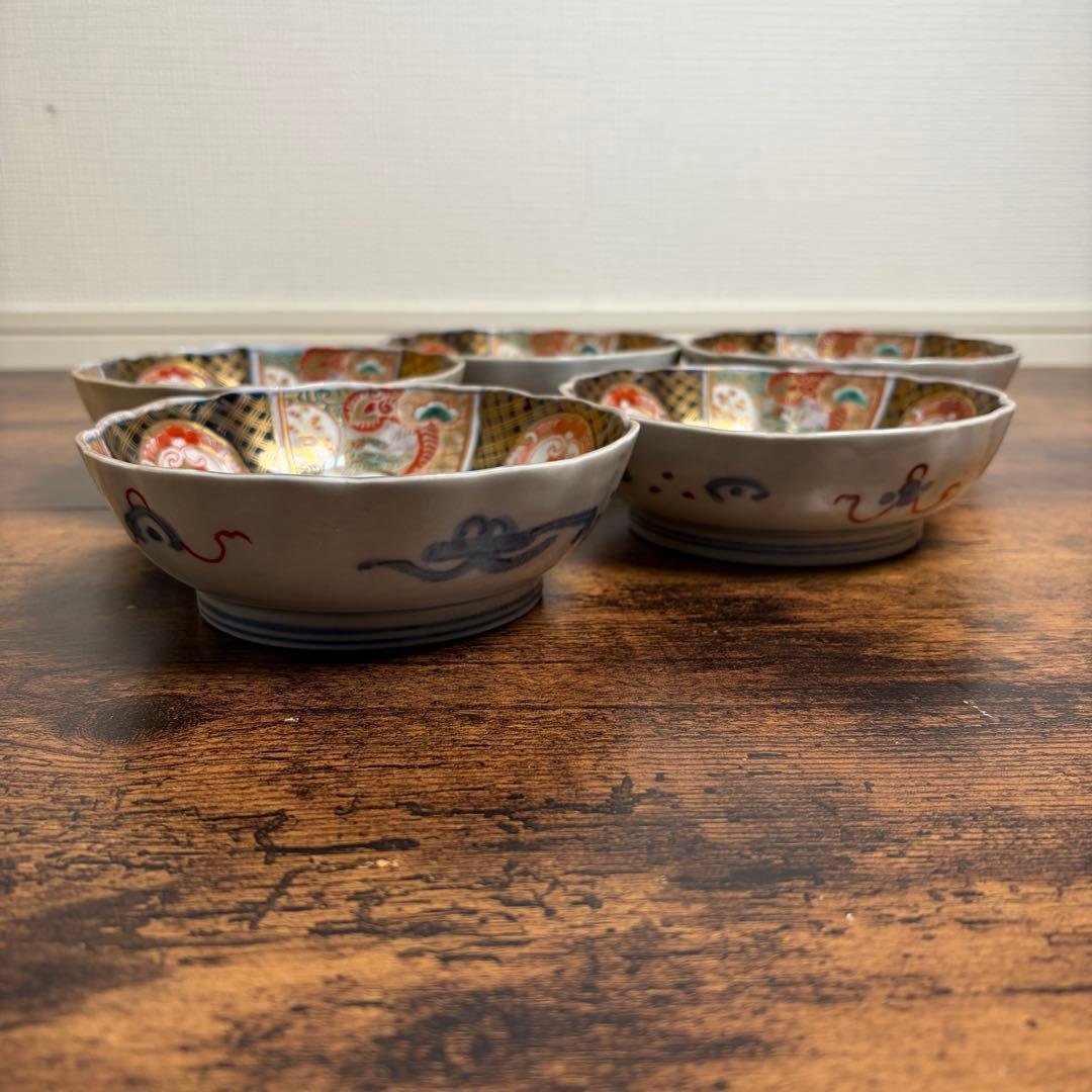 古伊万里 金蘭手柘榴図 なます皿五客　お皿/鉢/ 深鉢/アンティーク　40