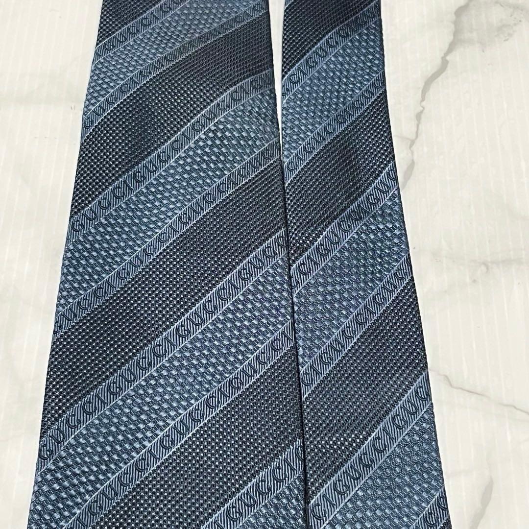 GUCCI グッチ 現行 ロゴ入り 蜂タグ ブルー グレー ネクタイ イタリア製