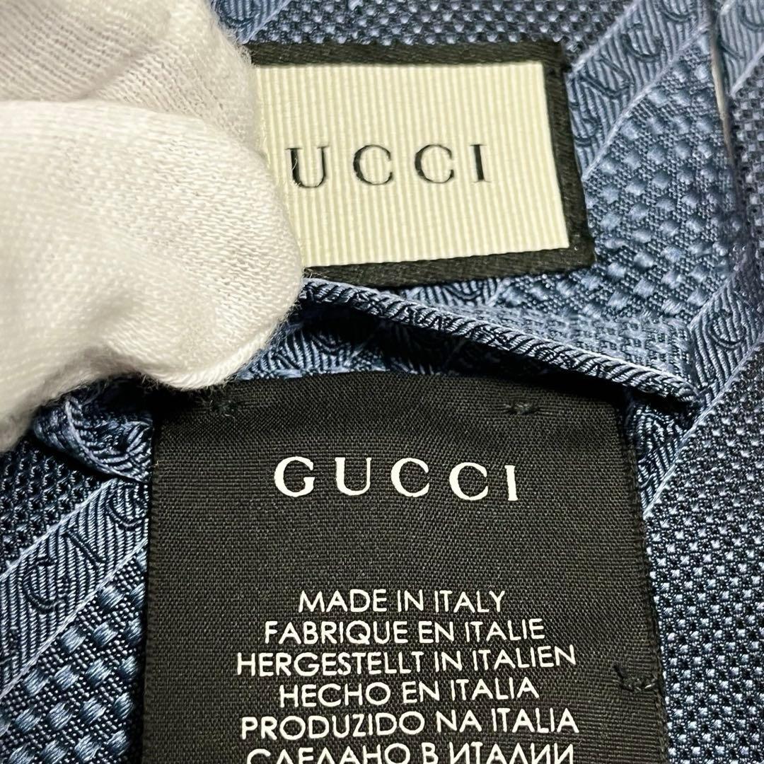 GUCCI グッチ 現行 ロゴ入り 蜂タグ ブルー グレー ネクタイ イタリア製