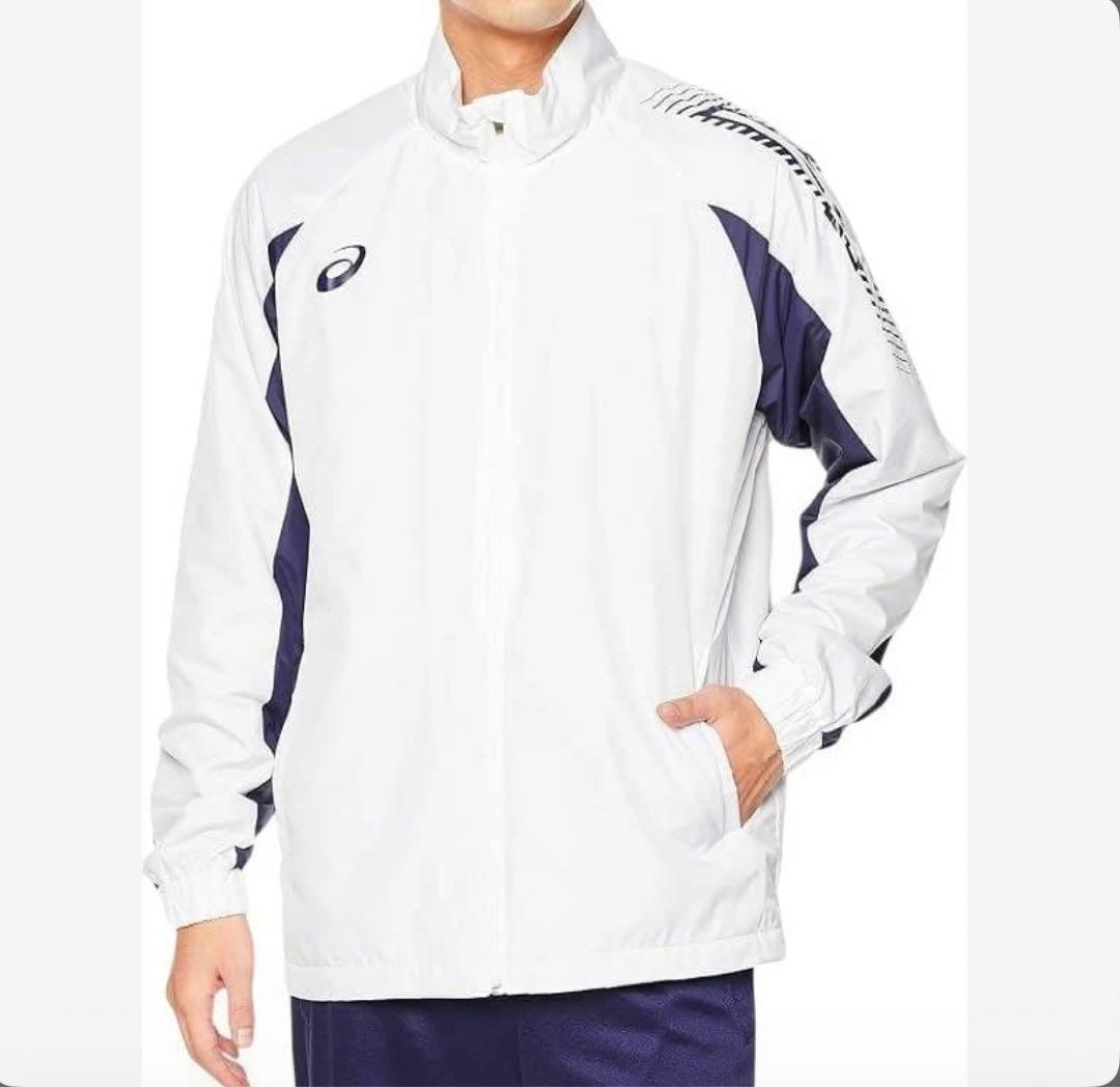 この冬温かい！ASICS ウインドブレーカージャケットとパンツのセット　白紺