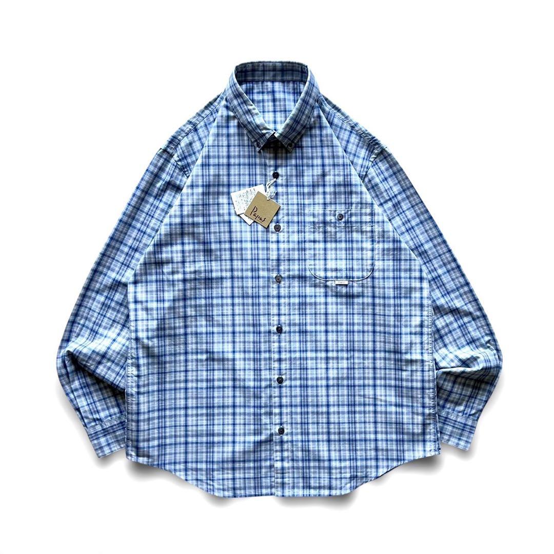 【新品未使用】papasパパス/ブルーチェック長袖シャツ/ L