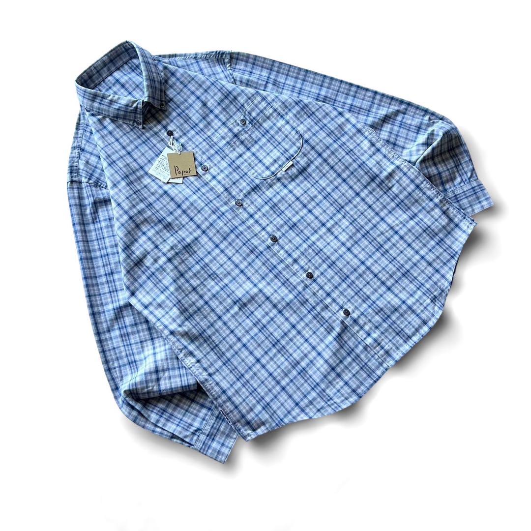 【新品未使用】papasパパス/ブルーチェック長袖シャツ/ L