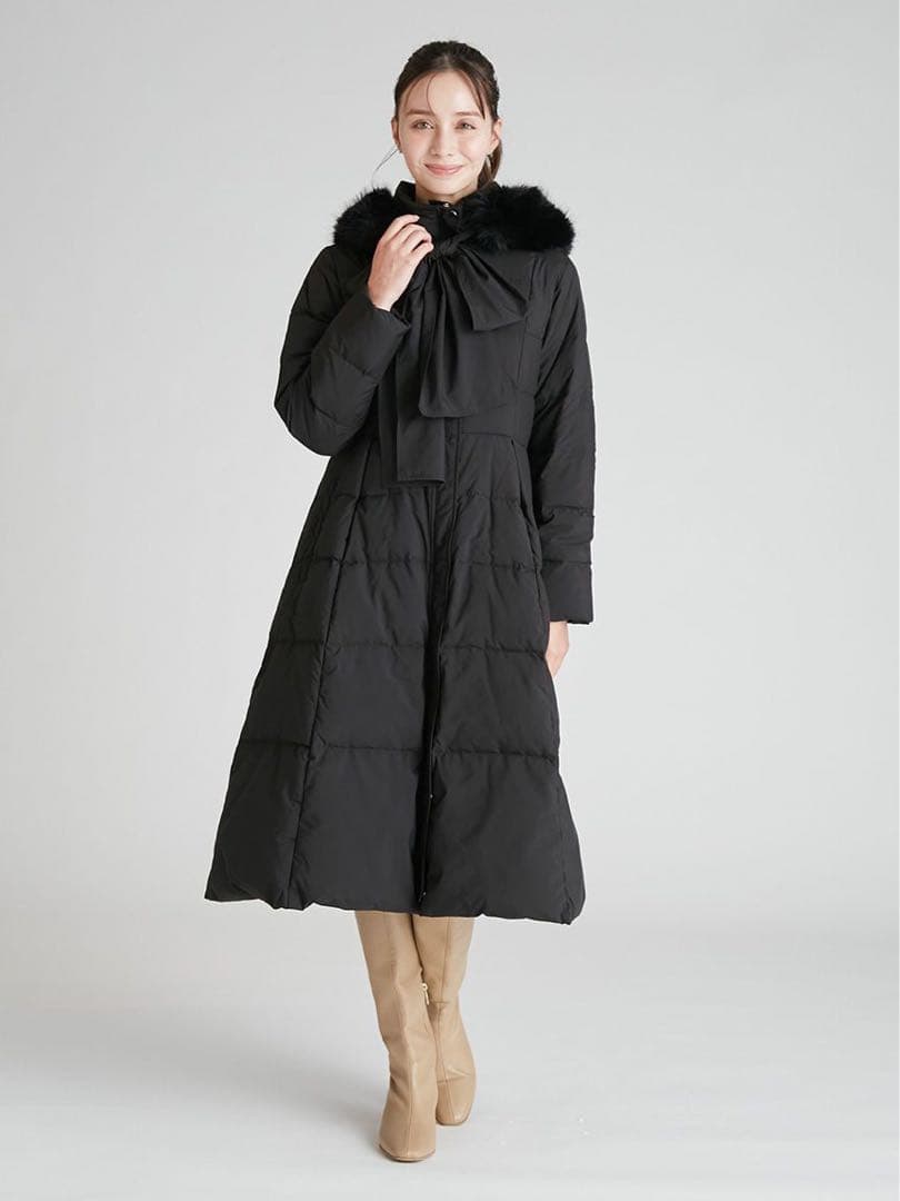 完売品 新品未使用 セルフォード フードリボンロングダウンコート BLK 36