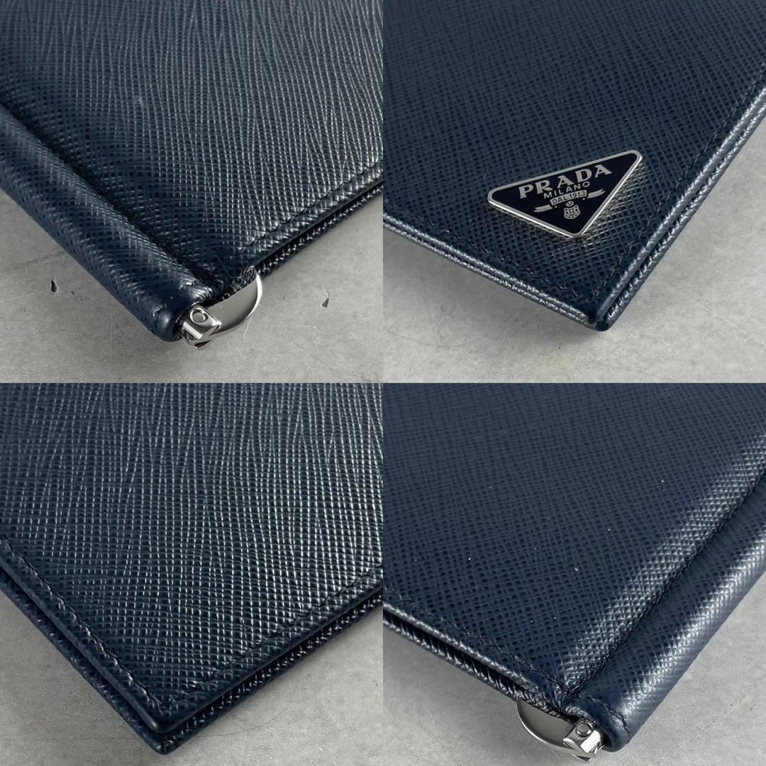 【美品】プラダ マネークリップ 財布 三角ロゴ サフィアーノ レザー 紺色