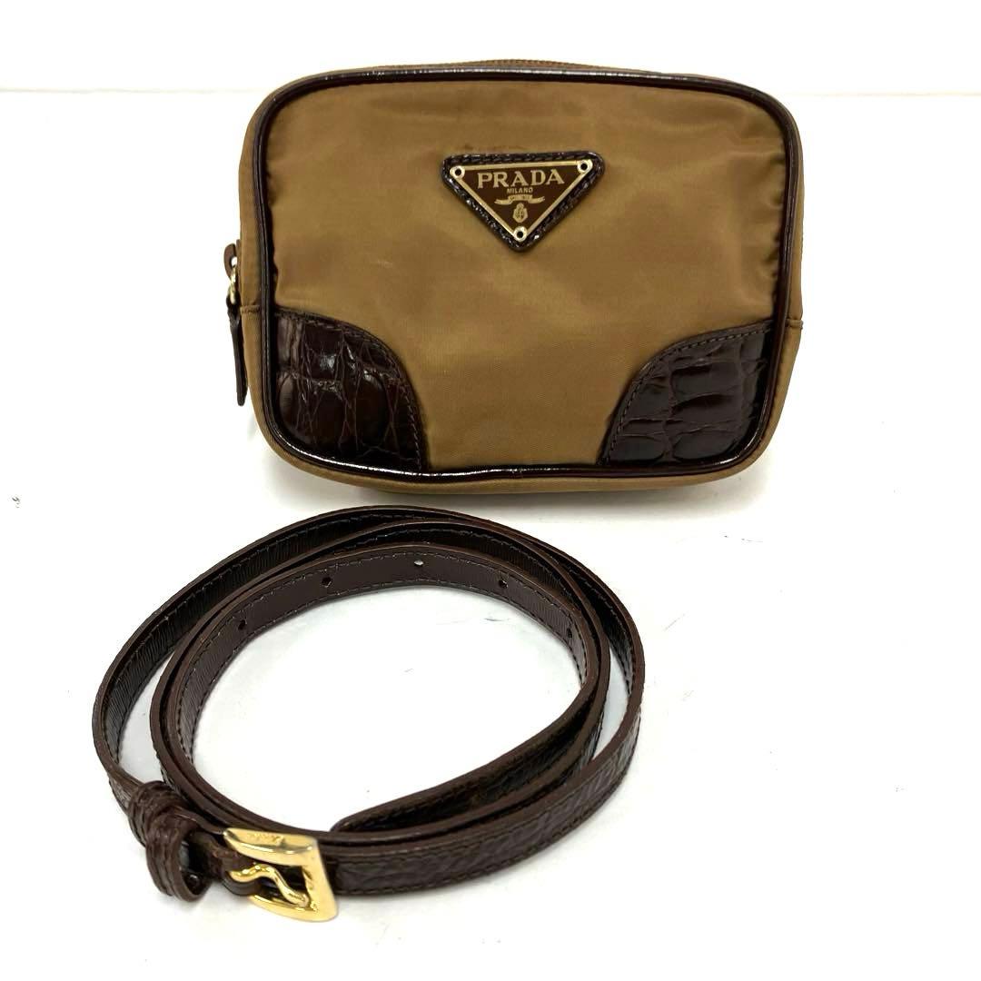 ヴィンテージ☆PRADA☆プラダ☆ウエストポーチ☆クロコ型押し☆ナイロン☆カーキ