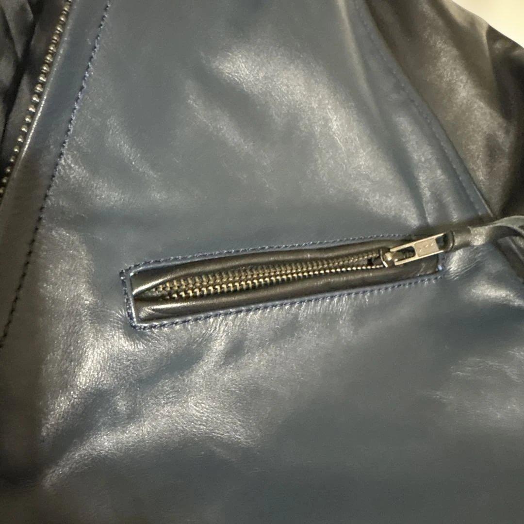 レザーシングルライダースジャケット ネイビー/ブラック　Lサイズ