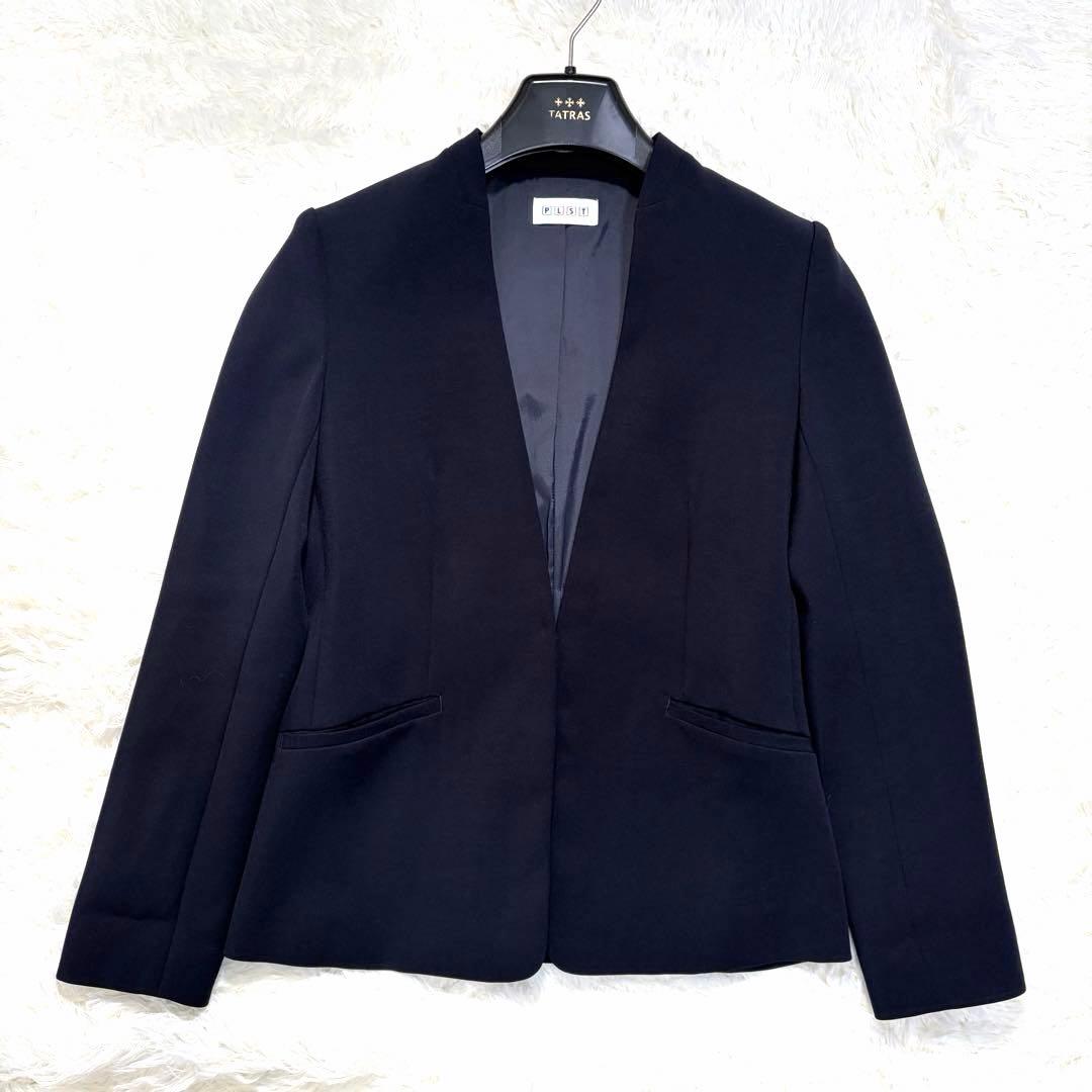 PLST セットアップ ストレッチ ノーラペル テーパード ネイビー　S