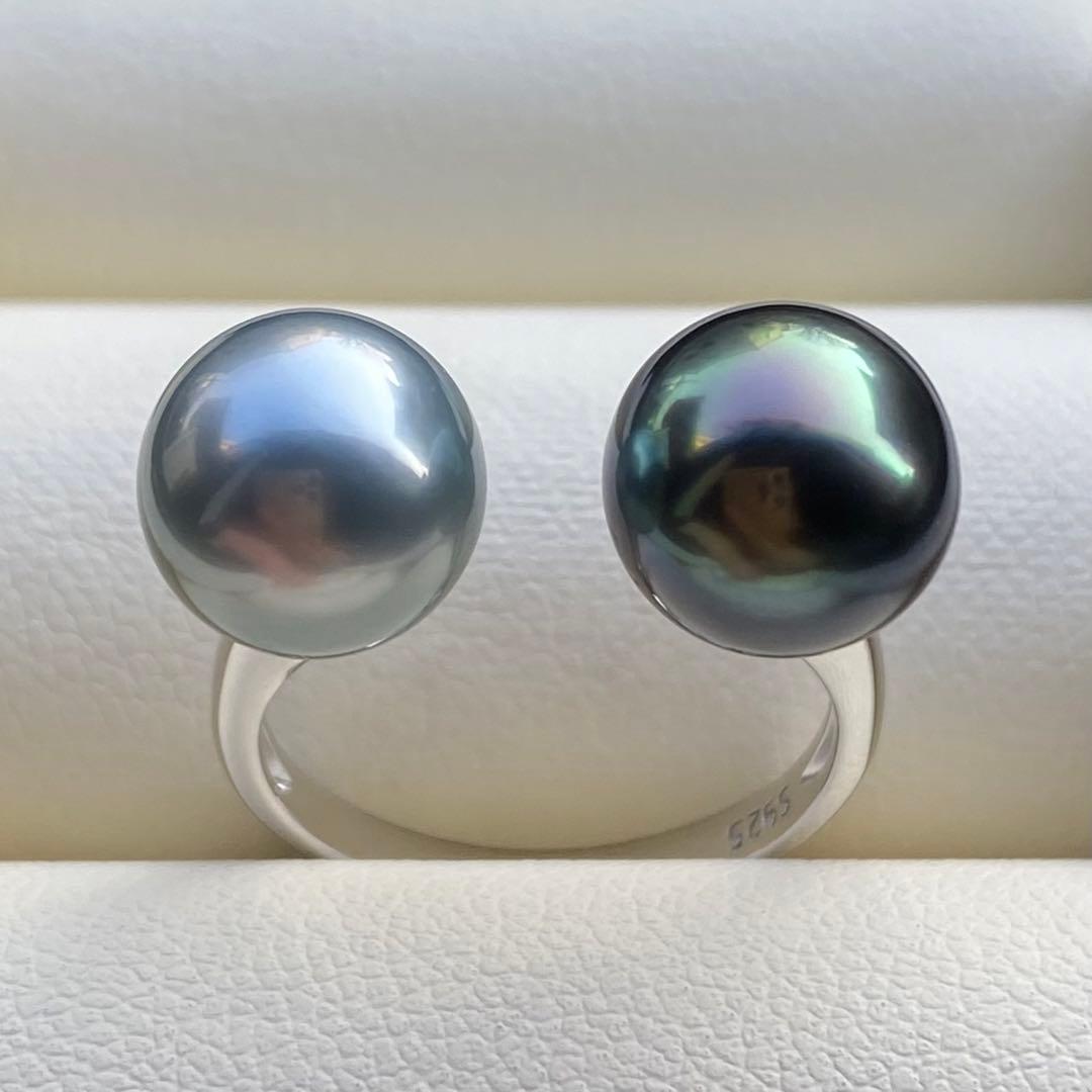 本真珠　南洋黒蝶真珠ダブルリング　9.3&9.1mmピーコックグリーンL1264