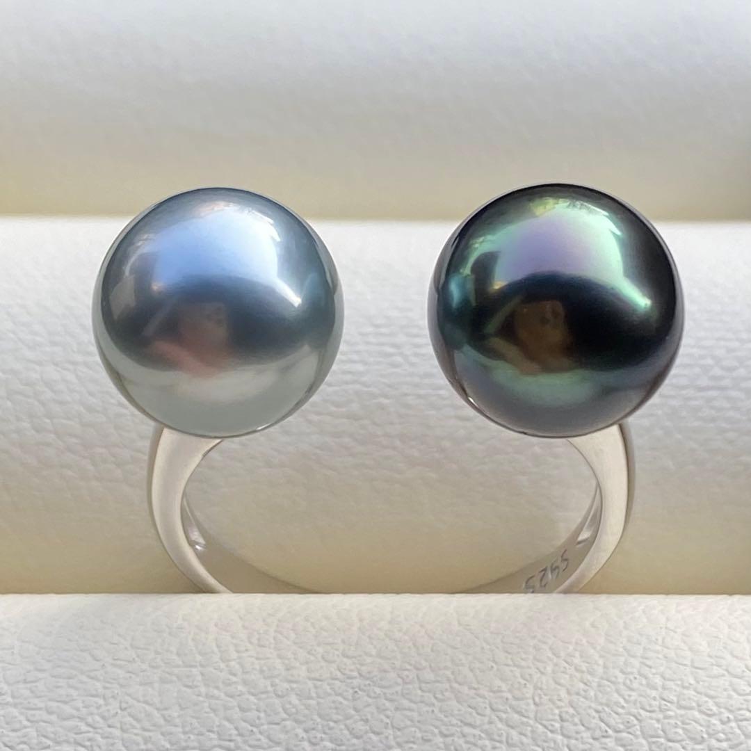 本真珠　南洋黒蝶真珠ダブルリング　9.3&9.1mmピーコックグリーンL1264