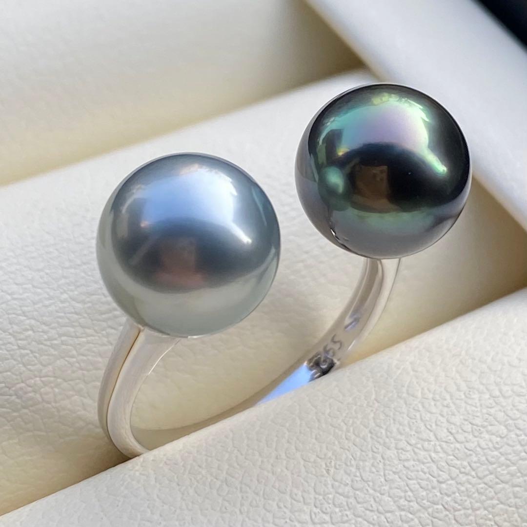 本真珠　南洋黒蝶真珠ダブルリング　9.3&9.1mmピーコックグリーンL1264