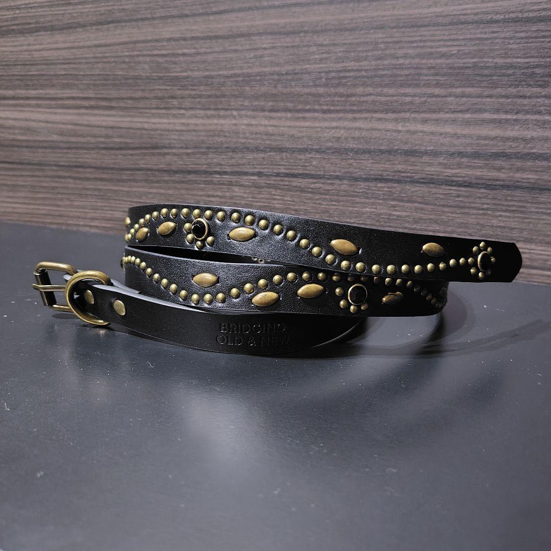 フラワー黒金■本革レザーフルスタッズナローベルト☆アメカジ古着ヴィンテージ