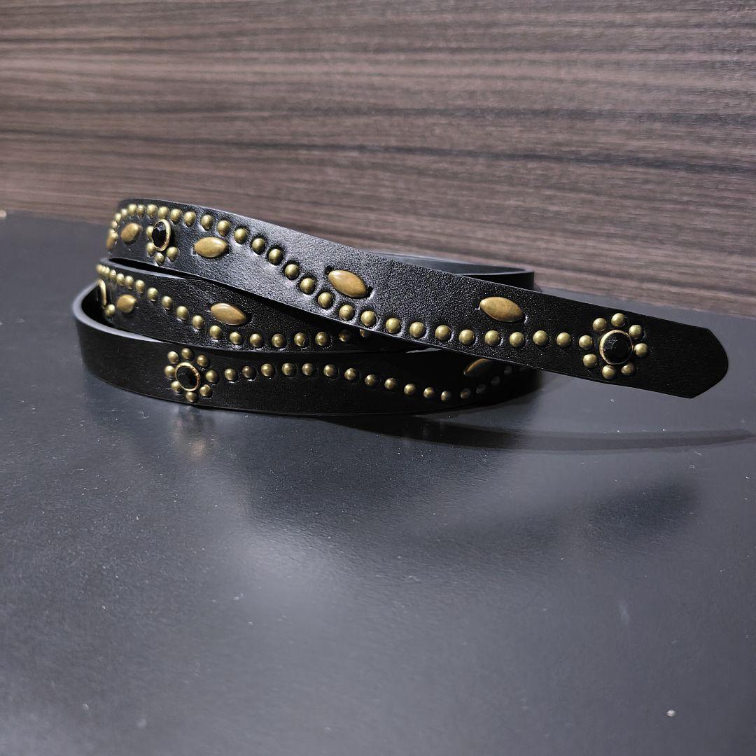 フラワー黒金■本革レザーフルスタッズナローベルト☆アメカジ古着ヴィンテージ