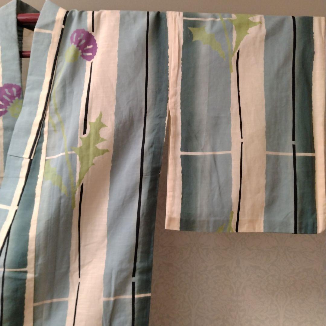 未使用高島屋購入★あざみアザミと竹柄の浴衣ゆかた両面使える黒ねず茶帯バッグセット