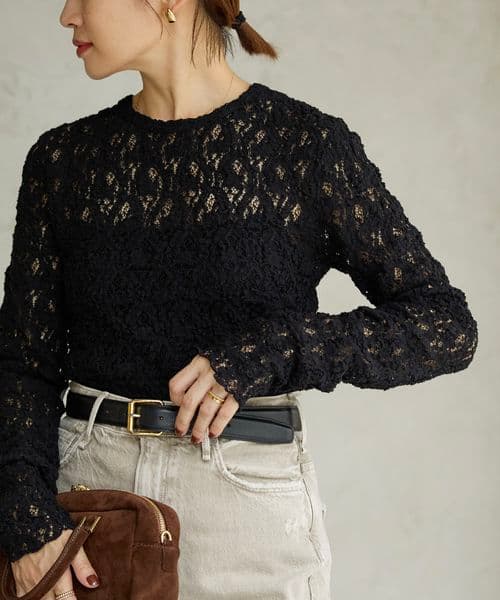 IENA大人気完売Flowerストレッチレースプルオーバーブラックフラワー