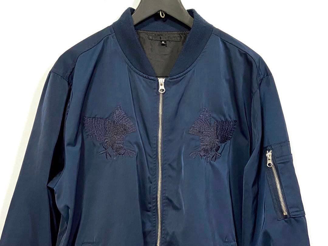 アリステア スカジャン MA-1 両面刺繍 鷹 和柄 刺繍ジャケットXLネイビー