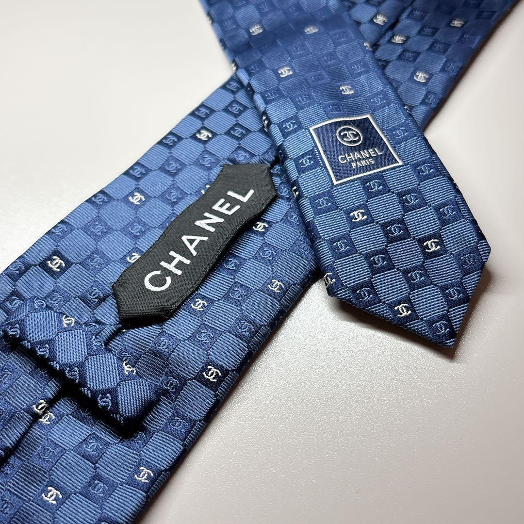 未使用 シャネル ネクタイ ココマーク総柄 箱 ショッパー付き ネイビー