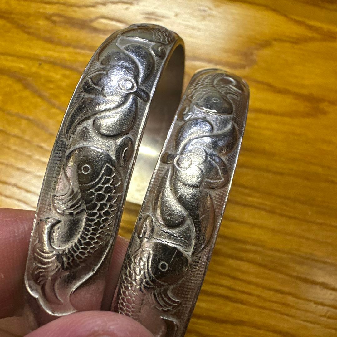 アクセサリー 銀 シルバーバングル 魚と花の彫刻