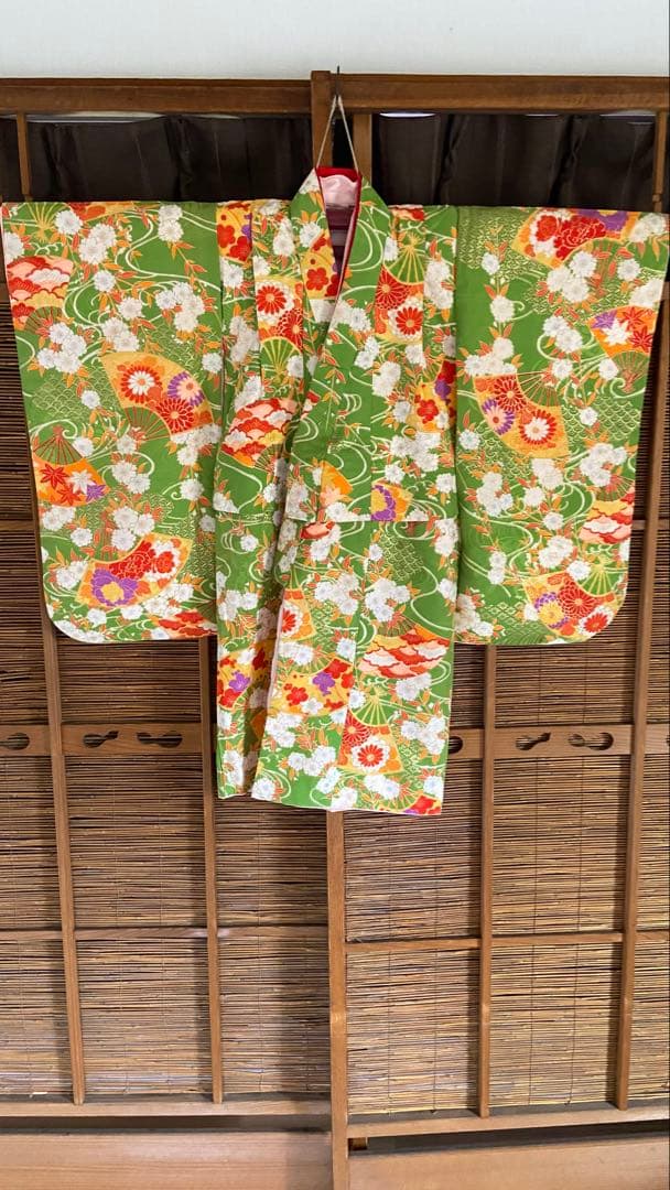 3歳祝い着 七五三用 緑色の花柄和装shak2点分　K117