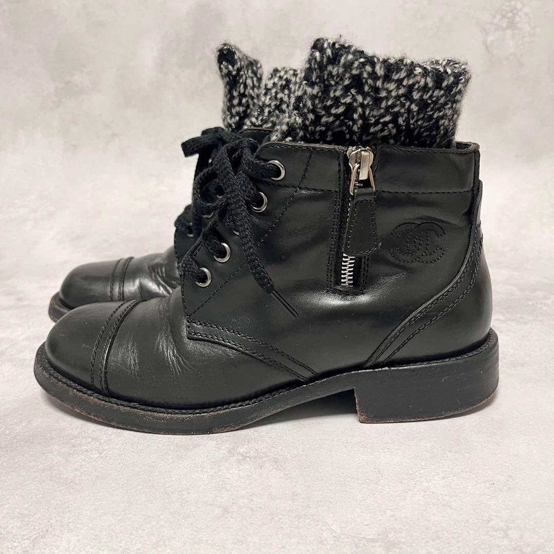 CHANEL ショートブーツ　ココマーク刺繍　サイドジップ　ツイード×レザー