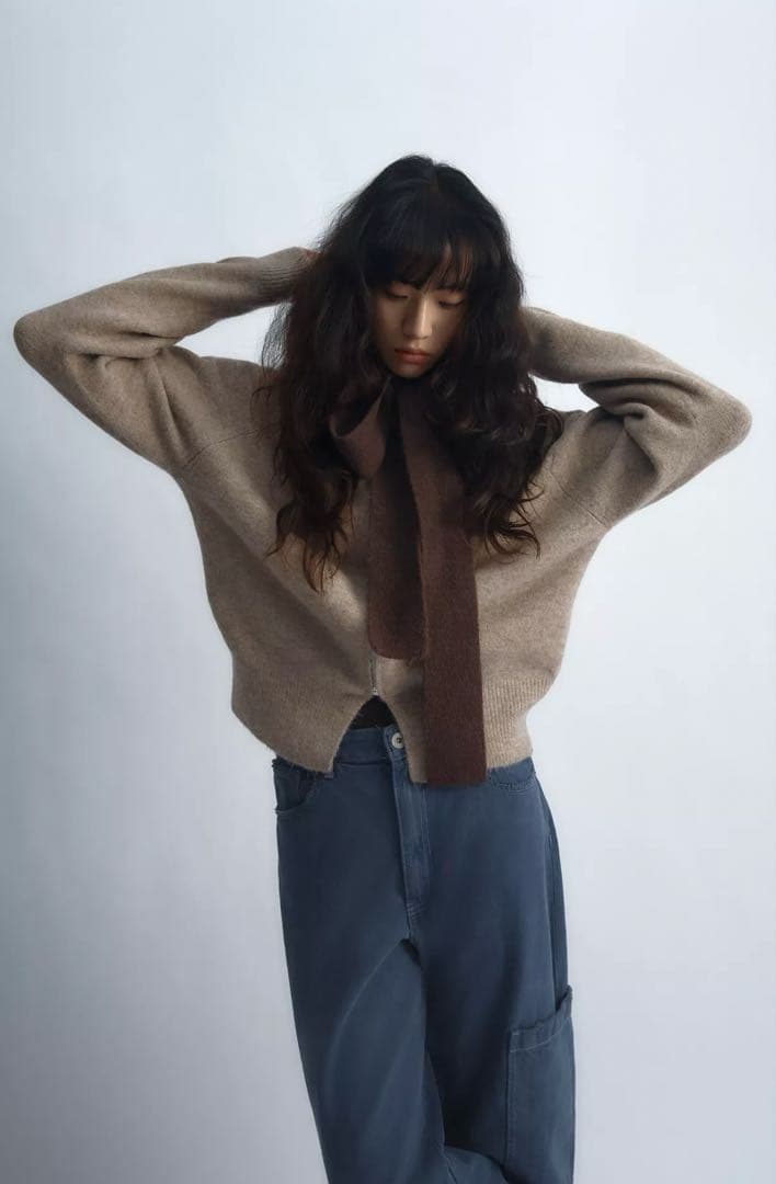 ZARA フード付きリボンニットカーディガン