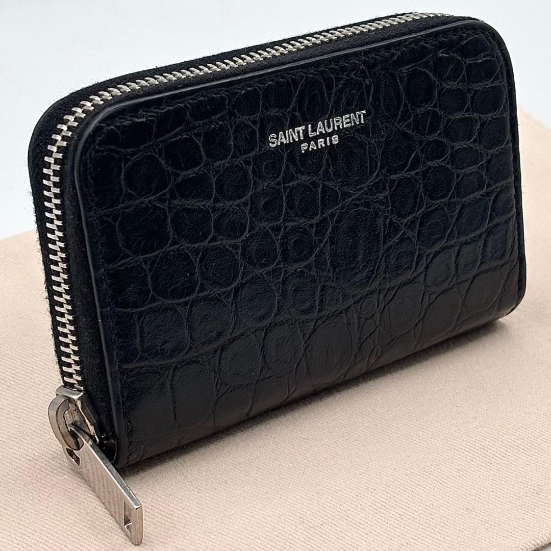 サンローラン　ケース　クロコ　小銭入れ　ブラック　ロゴ　ファスナー　ジップ