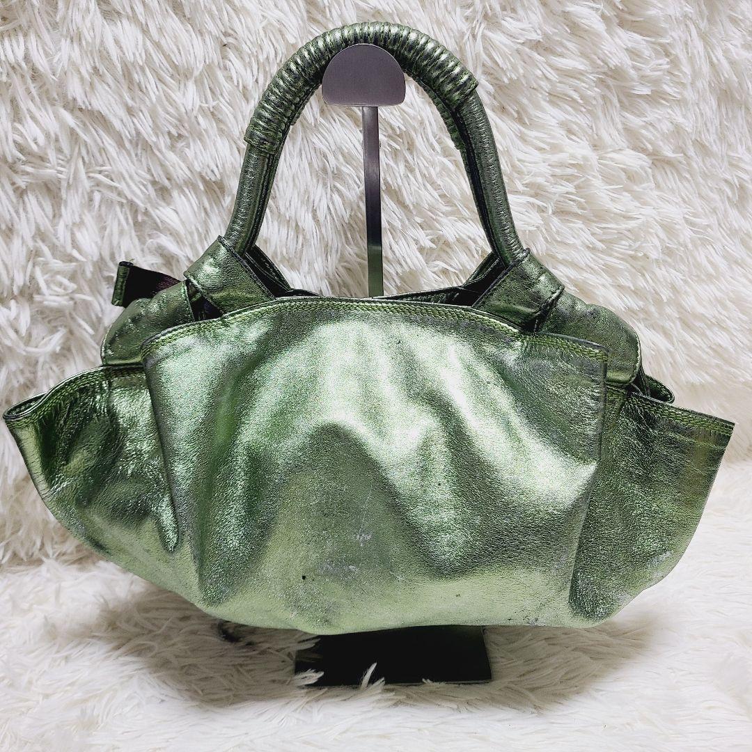 ロエベ　ハンドバッグ　ナッパアイレ　アナグラム　グリーンゴールド　レザー