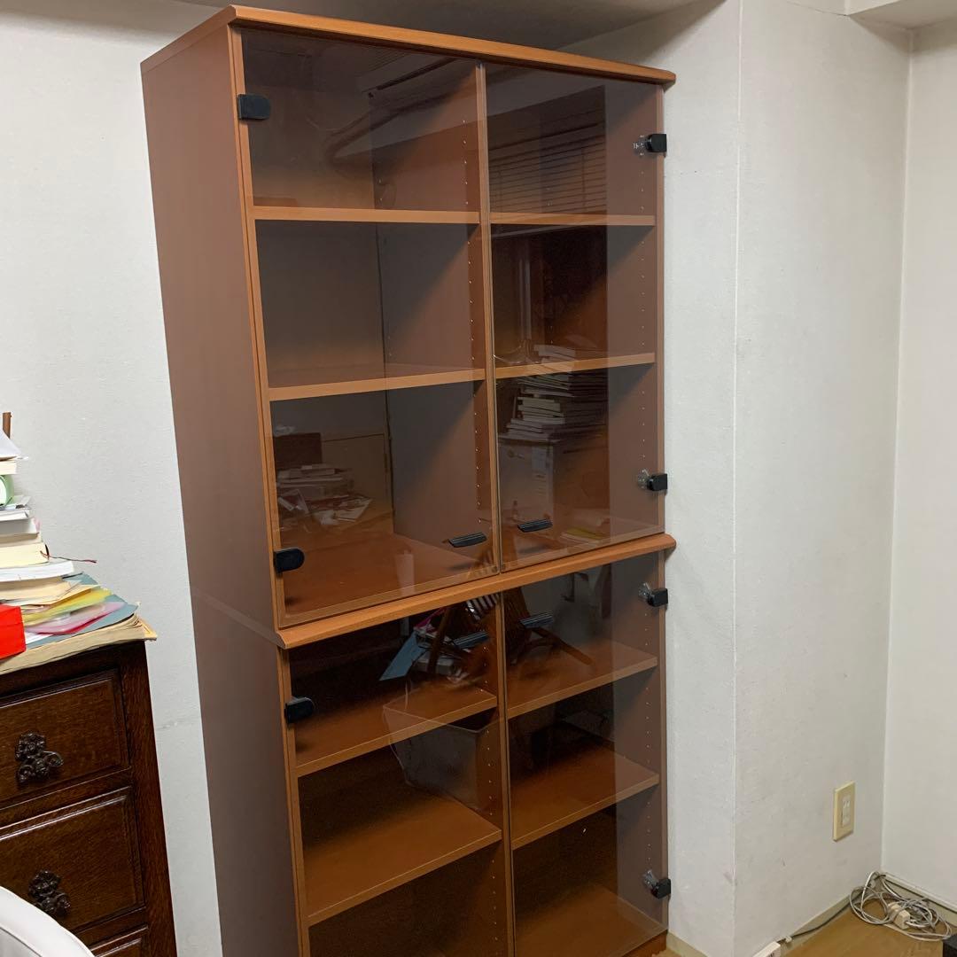 送料込　レトロなガラス扉付き本棚　180✖️85✖️35 可動棚　収納力大