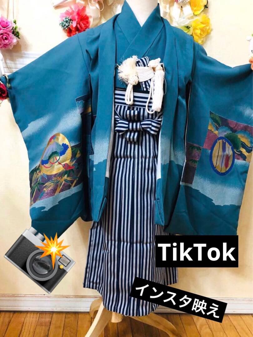 七五三五歳フルセット‼️人気青系兜金彩煌びやか⭐︎袴縞スタイルアップ⭐︎秀品