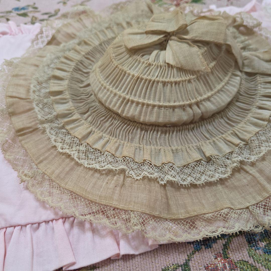 フランスアンティーク　ビスクドール　ボネハット　リネン　フリル　ジュモー　帽子
