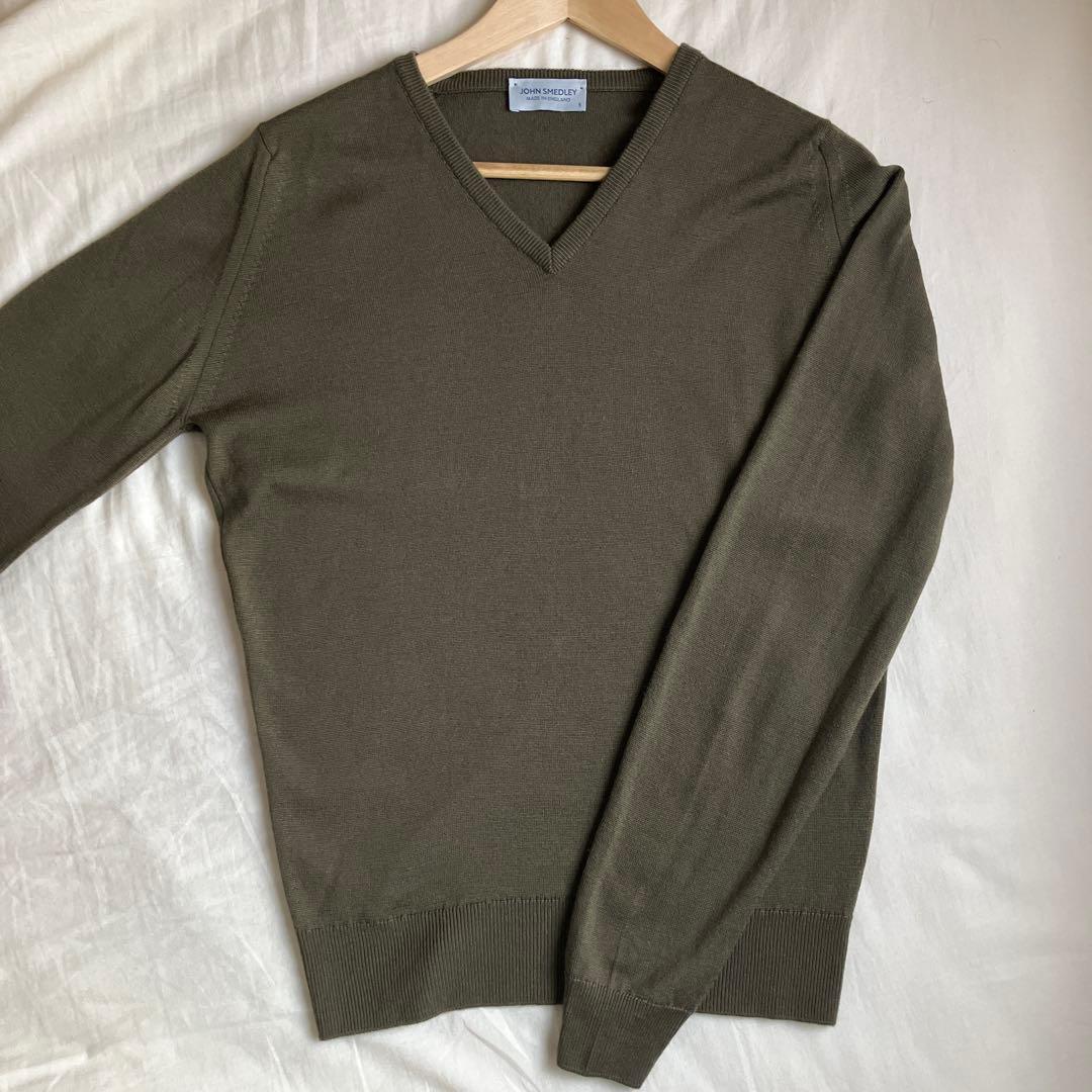 ジョンスメドレー Vネック イングランド製 カーキ 24ゲージ メリノウール