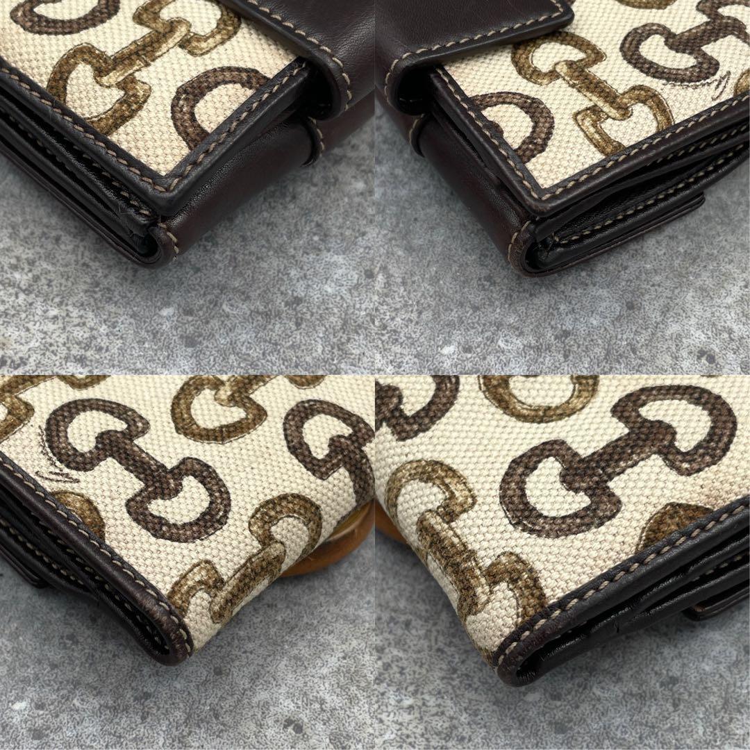 GUCCI グッチ 二つ折り財布 バンブー カーフ キャンバス ゴールド金具