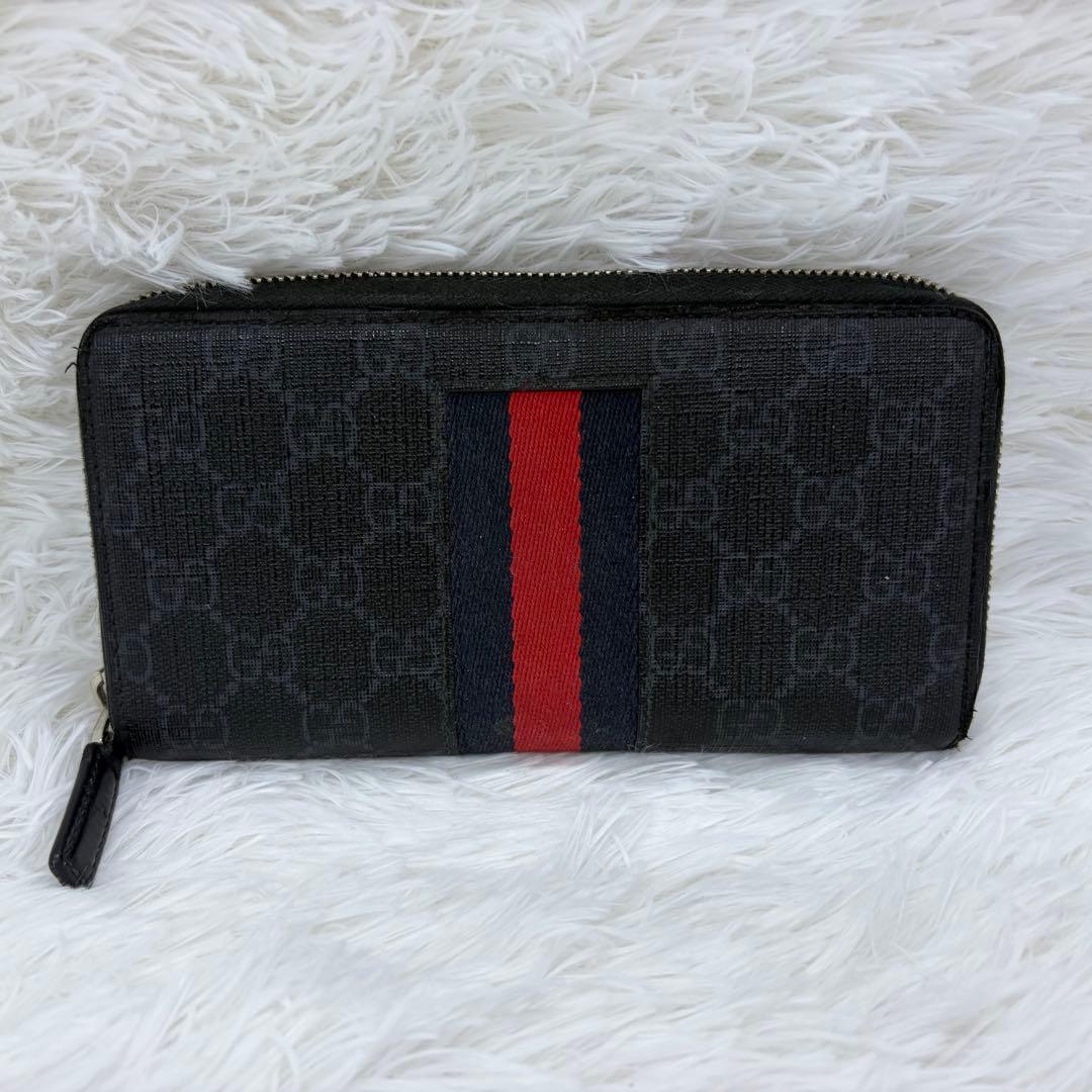 美品✨グッチ　長財布　ラウンドファスナー　シマ　シェリーライン　レザー　黒