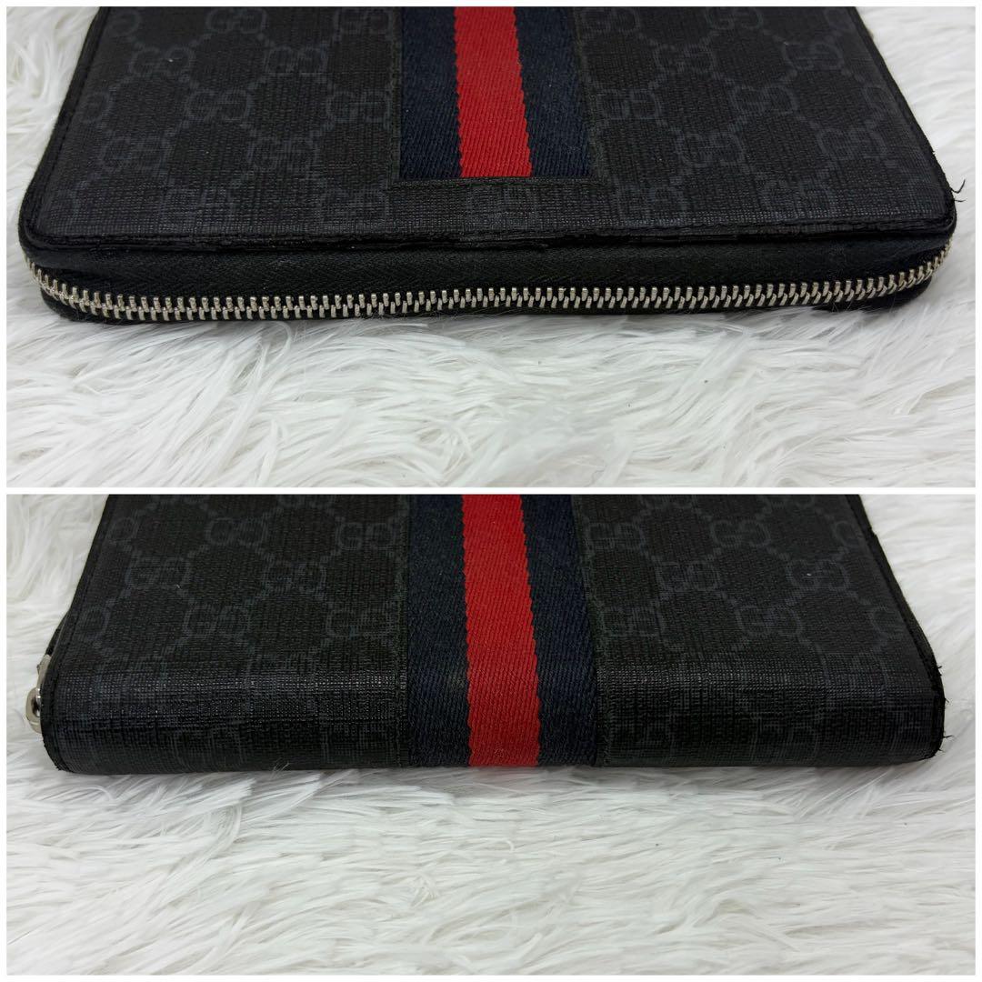 美品✨グッチ　長財布　ラウンドファスナー　シマ　シェリーライン　レザー　黒