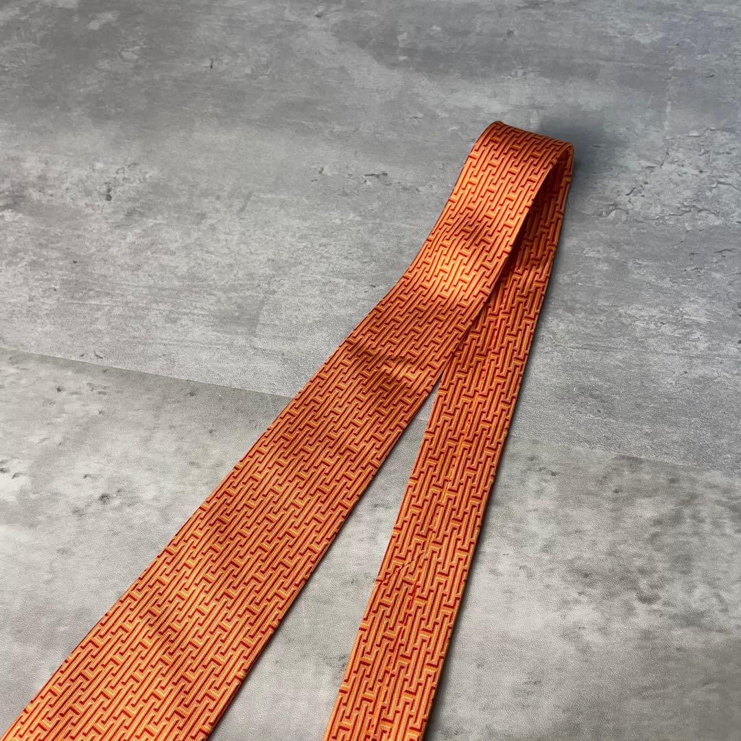 美品 HERMES エルメス H柄 総ロゴ ネクタイ オレンジ