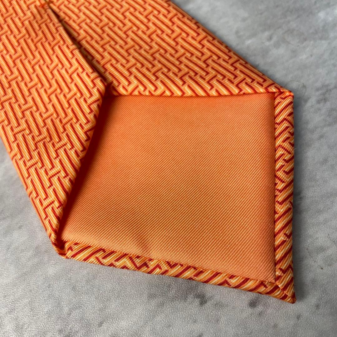 美品 HERMES エルメス H柄 総ロゴ ネクタイ オレンジ