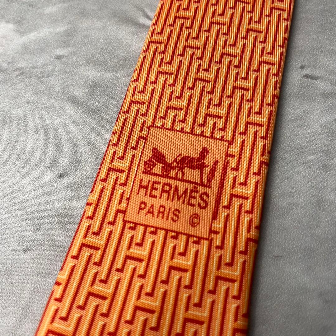 美品 HERMES エルメス H柄 総ロゴ ネクタイ オレンジ