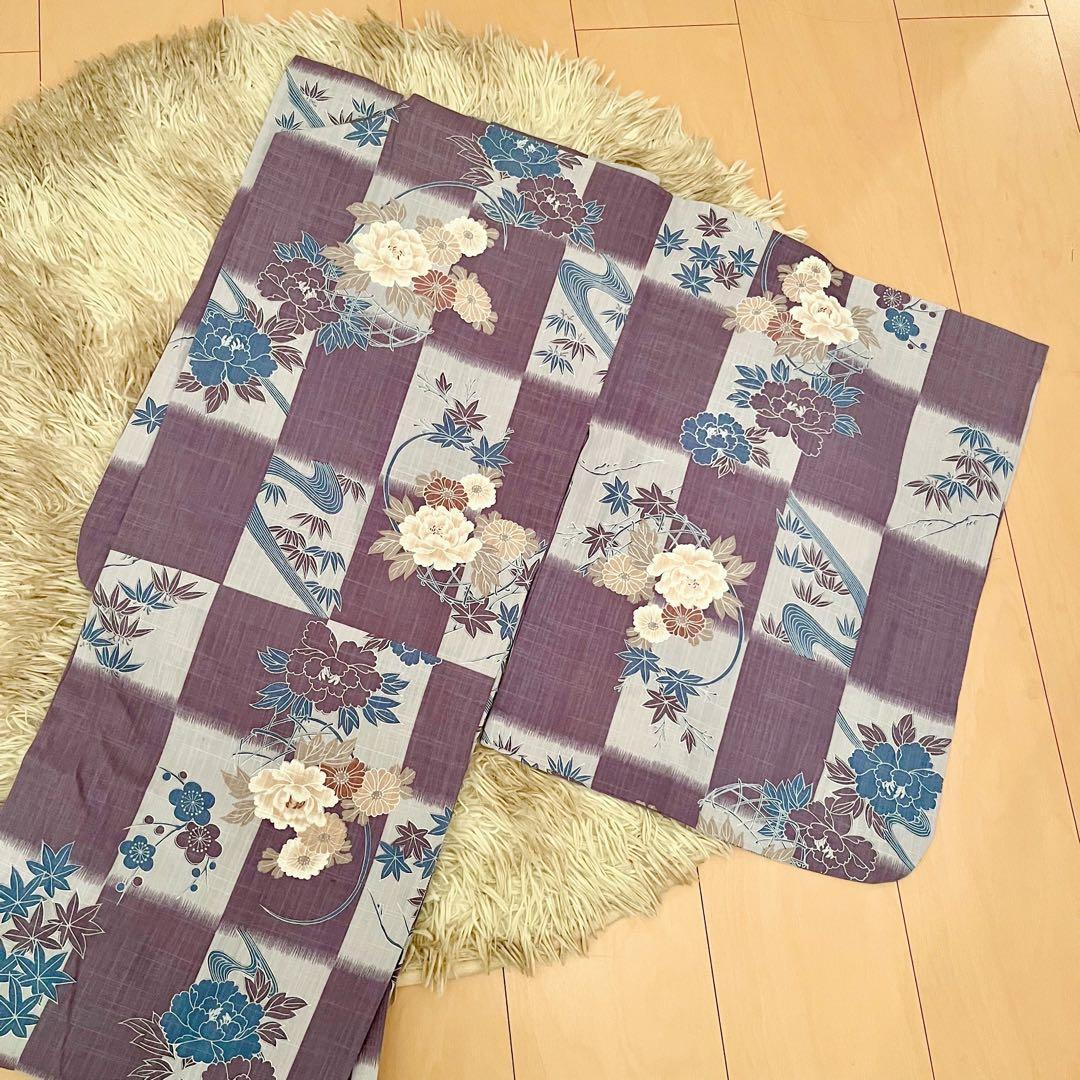 紫×市松×紅葉×牡丹 京都呉服店高級浴衣♡