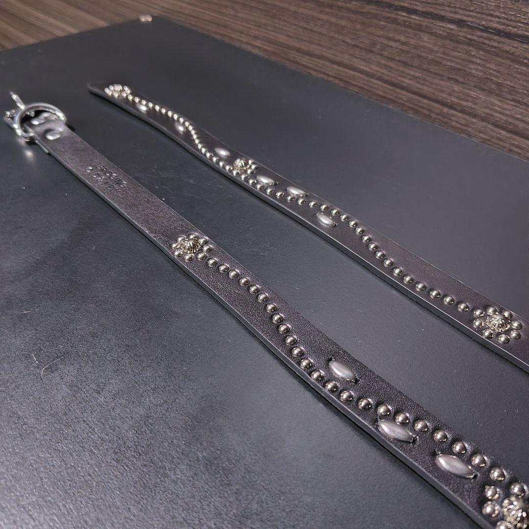 フラワー銀■本革レザーフルスタッズナローベルト☆シルバーフローラル