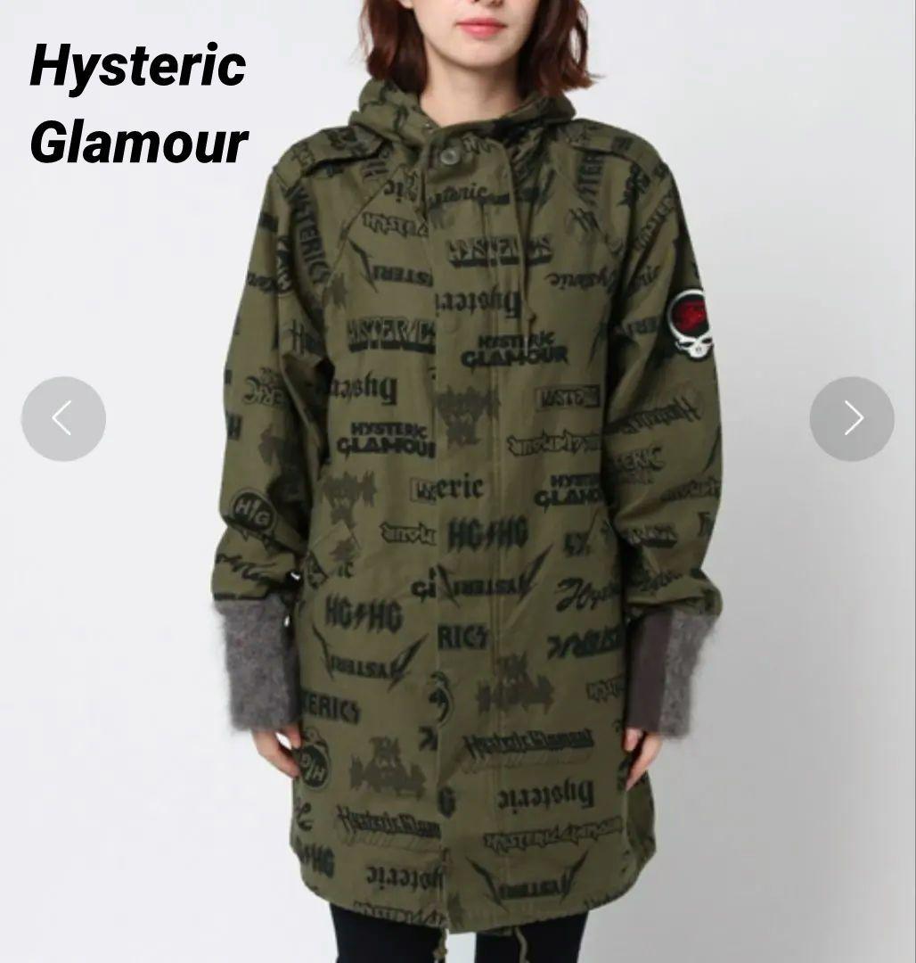 【美品】ヒステリックグラマー　総柄モッズコート　袖リブ　スカルワッペン　カーキ系