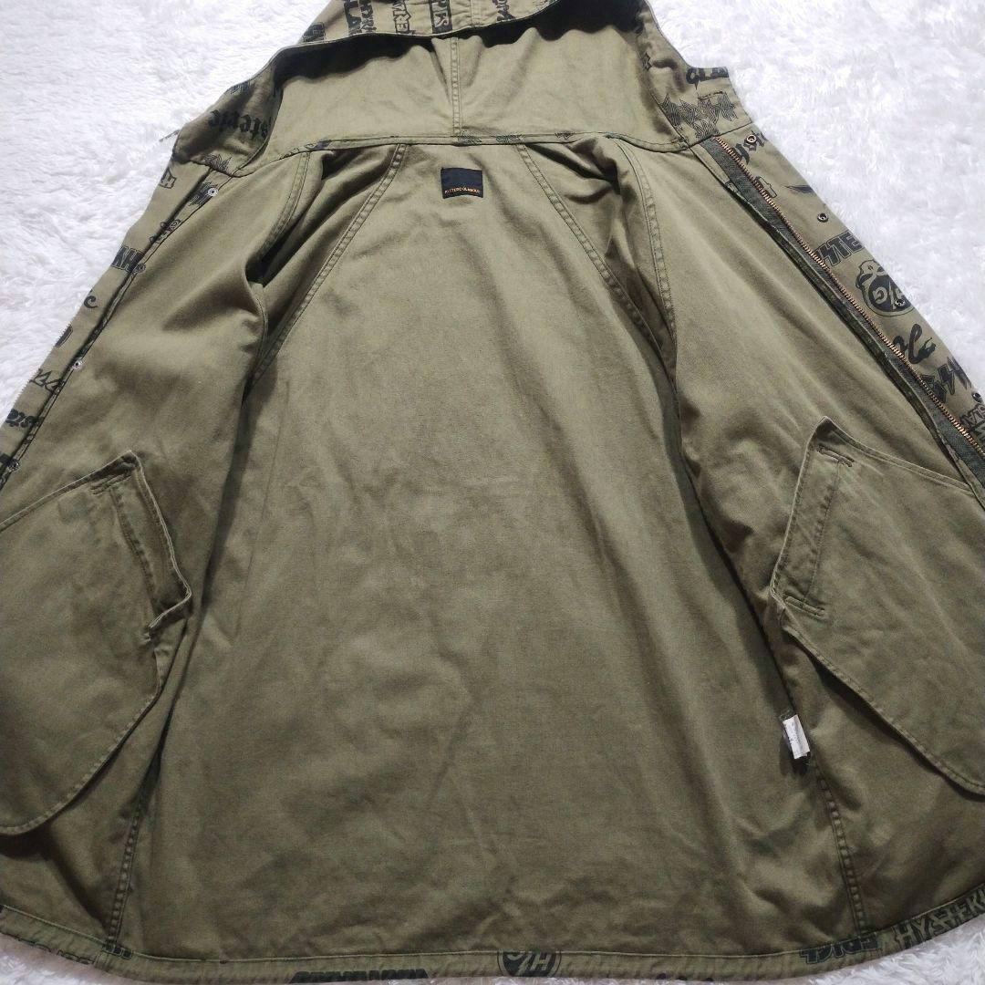 【美品】ヒステリックグラマー　総柄モッズコート　袖リブ　スカルワッペン　カーキ系