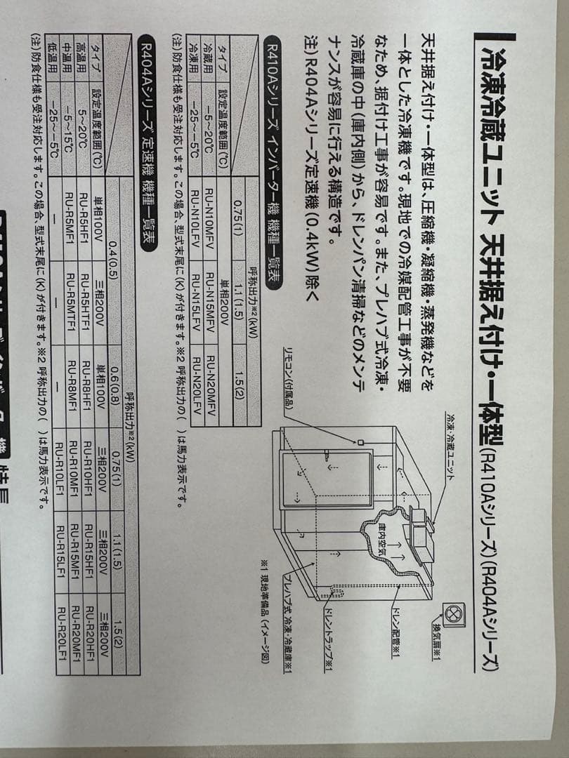 【新品未使用】RU-R20LF1 冷凍冷蔵ユニット　天井据付一体型定速機