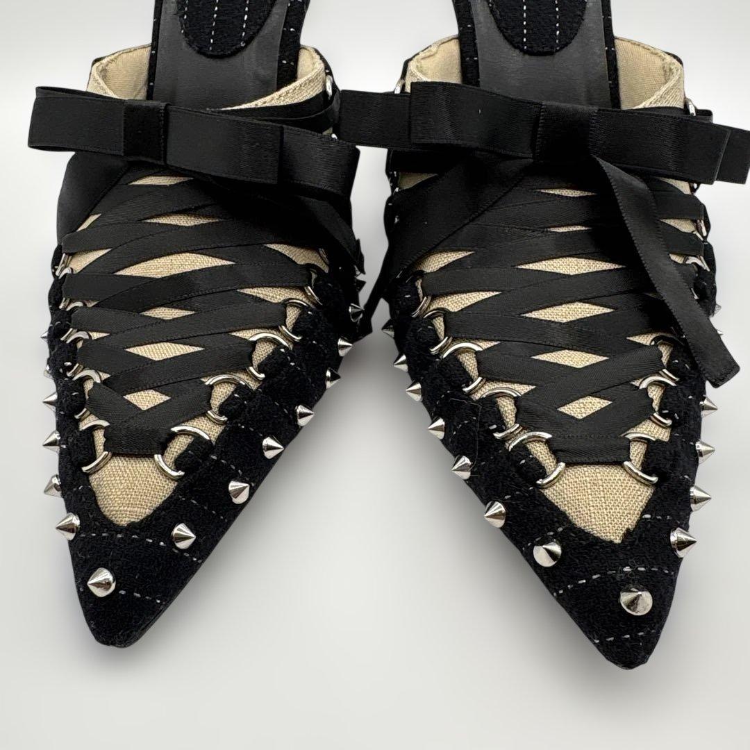 極美品YELLO ブラック レースアップヒール　Ｓサイズ