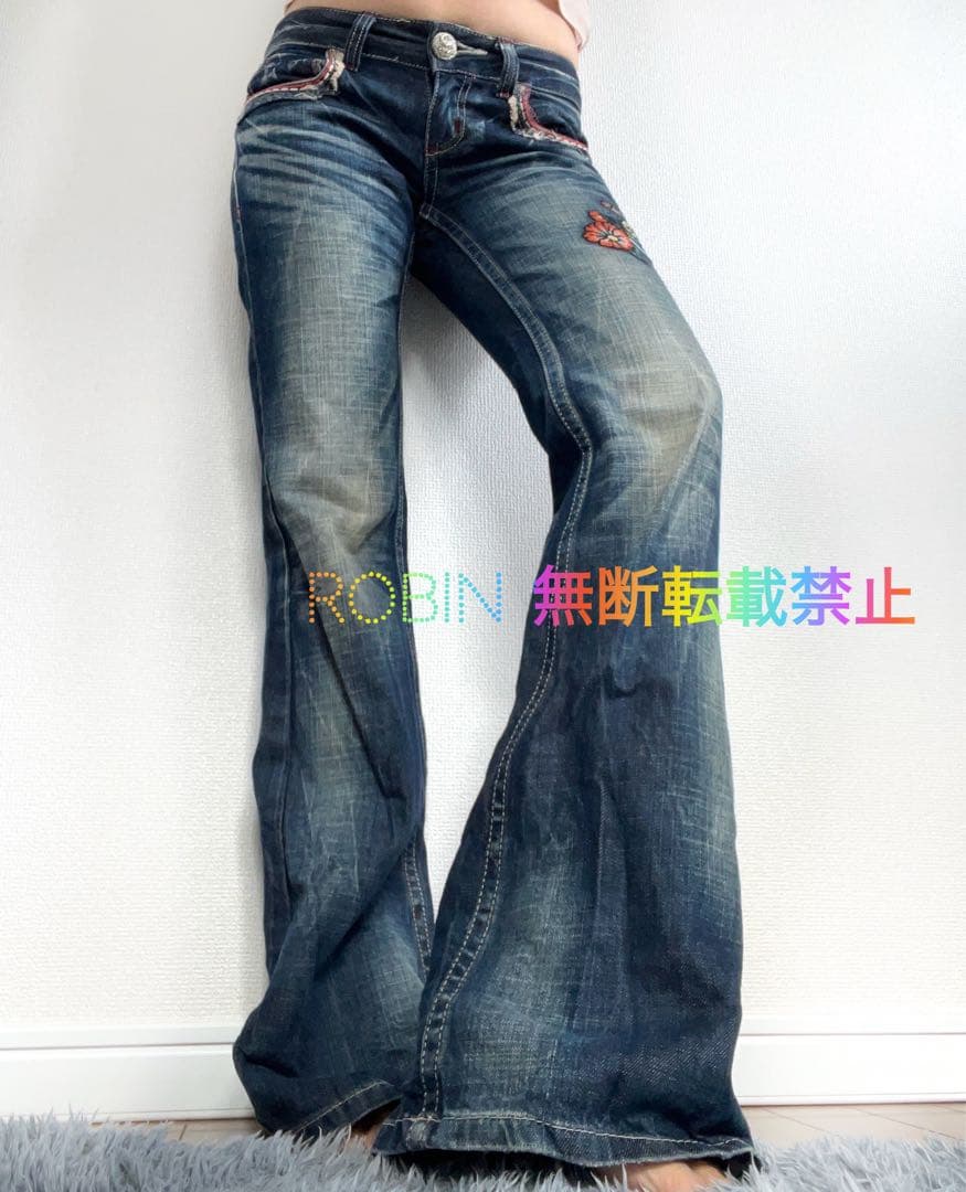 激レア　Y2K red pepper レインボー刺繍　ボヘミアン　フレアデニム