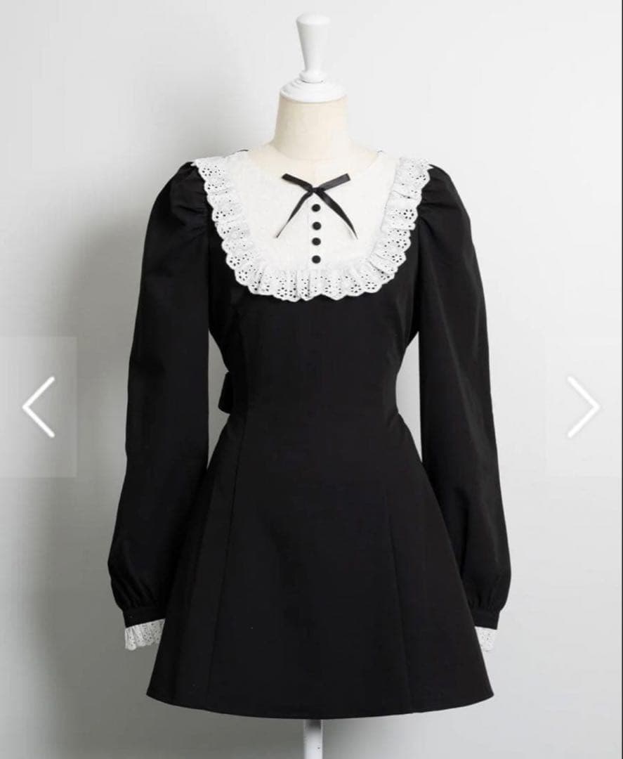 pium コットンレース長袖カフェワンピース ブラック 黒
