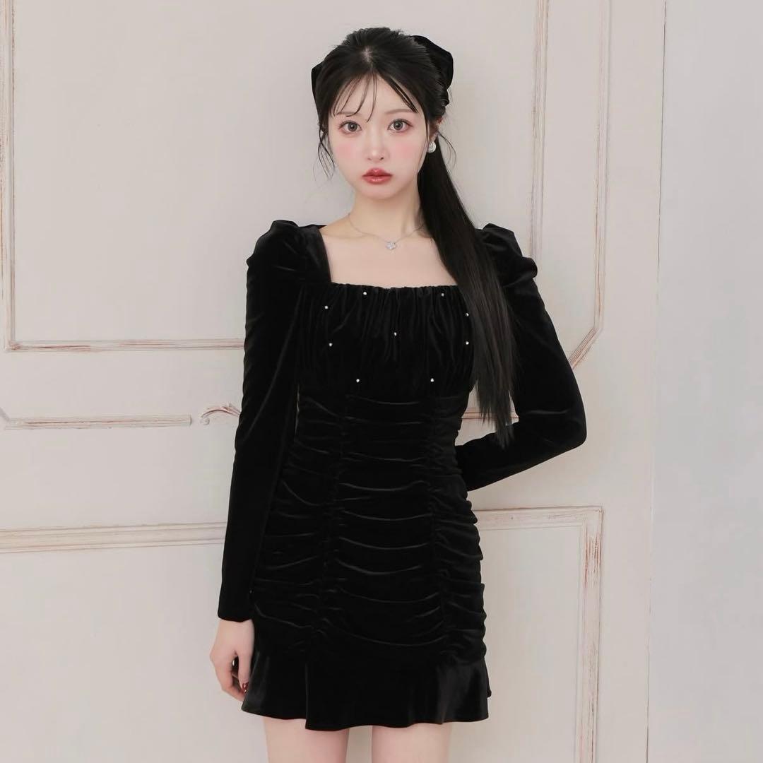 M me eme ベロアドレープミニドレス